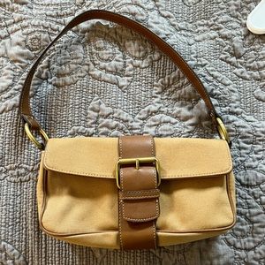 Vintage Tan Canvas and Brown Leather Buckled Baguette Bag Nine West